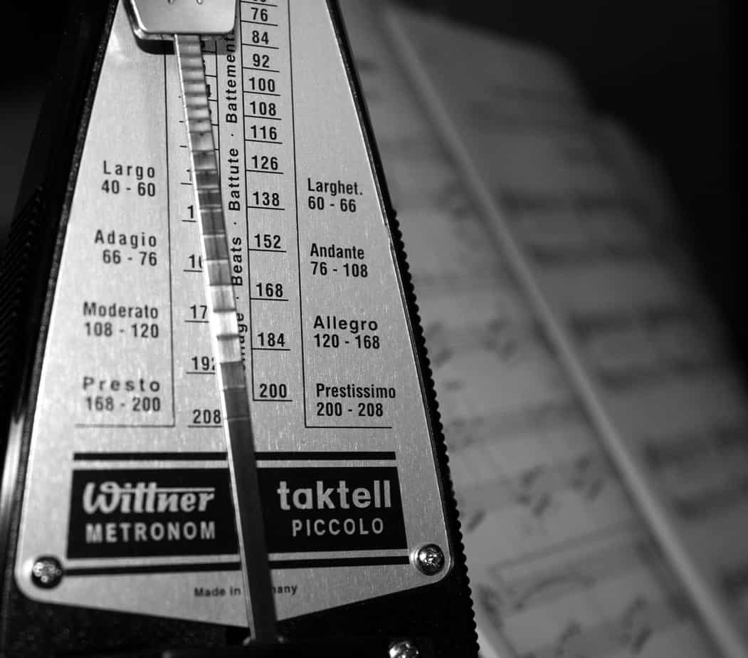 black and white picture of a mechanic metronome with Largo, Larghetto, Moderato, Allegro and Presto on it